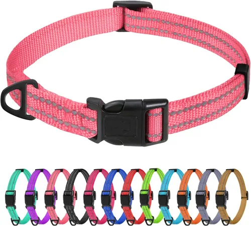 Vista 50 de TagME Collares de nailon reflectantes para perros, collar ajustable clásico para mascotas con hebilla de liberación rápida para cachorros, rosa Rosa