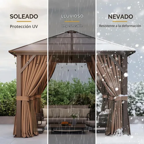 Vista 6 de Aoxun 10'x10' Outdoor Gazebo with Polycarbonate Roof Khaki Single Roof Caqui