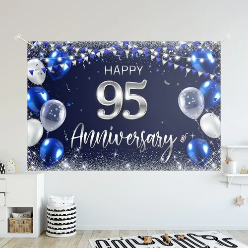 Vista 3 de Cartel de fondo de feliz 95 aniversario, decoración plateada con purpurina de 95 años, decoración temática de fiesta de aniversario de boda