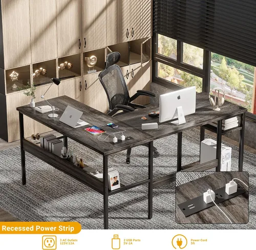 Vista 4 de Unikito Escritorio reversible en forma de L con tomas de corriente mágicas y puertos de carga USB, escritorio de esquina para computadora resistente