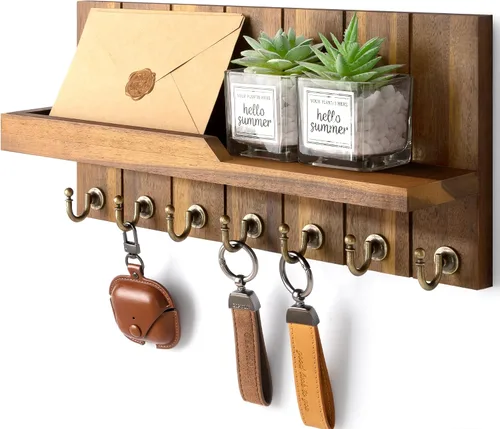 Vista 27 de Rebee Vision Soporte de Pared para Llaves de Madera de Acacia – Soporte para Llaves Estilo Granja para Pared y Organizador de Correo con Estante