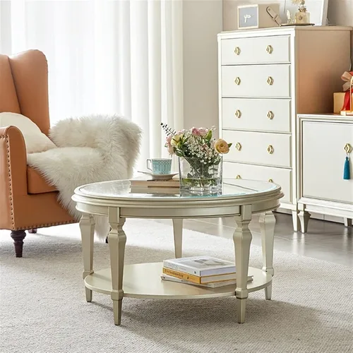Vista 6 de Mesa de té para sala de estar, mesa de centro redonda de madera moderna con tallado calado y parte superior de cristal, 31.4/39.3 pulgadas, elegante