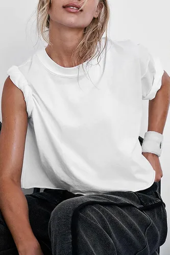 Vista 2 de Camisetas cortas extragrandes de entrenamiento de para mujer, estilo informal, de manga corta, hombros caídos, con dobladillo enrollado, básicas