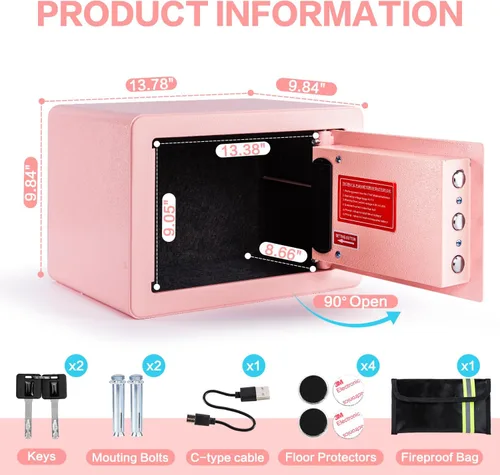Vista 9 de Caja de seguridad biométrica de 0.6 pies cúbicos, caja de seguridad con huella dactilar con bolsa ignífuga, estante removible, sistema de alarma
