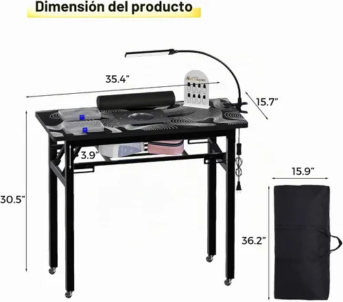 Vista 3 de Mesa de manicura plegable portátil con colector de polvo, escritorio de tecnología de uñas rodante con lámpara LED, reposamuñecas, ruedas