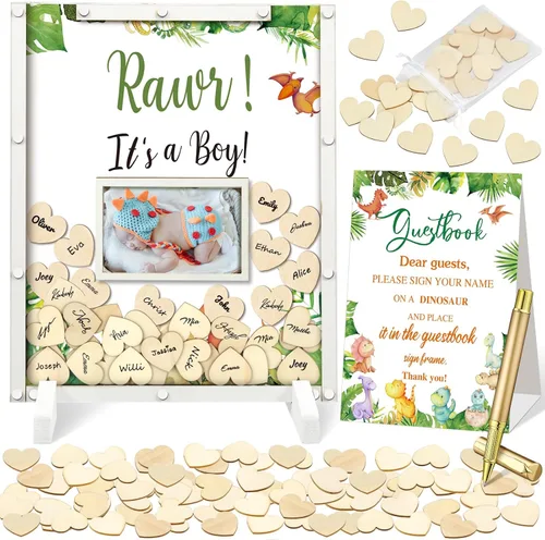 Vista 15 de Beeveer 65 piezas de libro de invitados para baby shower, libro de invitados azul para baby shower, libro de invitados con marco de fotos y 60 chips