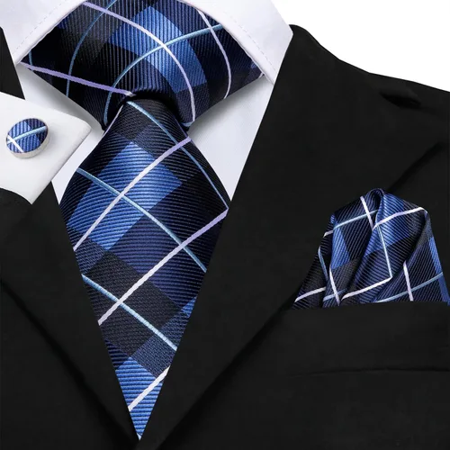 Vista 168 de Hi-Tie Corbata clásica de cachemira para hombre con pañuelo y gemelos a cuadros