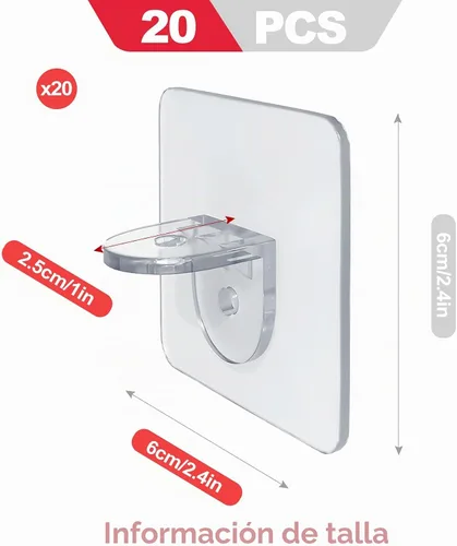 Vista 2 de Paquete de 20 soportes adhesivos resistentes sin taladro, soportes de pared de plástico transparente e impermeable para estantes de ducha, armario