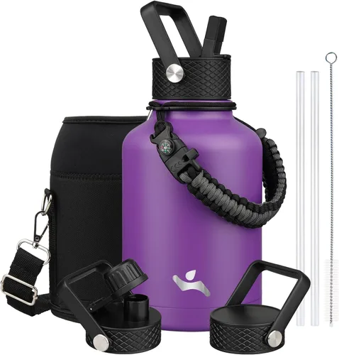 Vista 92 de Konokyo - Botella de agua aislada de 18 onzas, botellas deportivas de acero inoxidable con 3 tapas, verde militar