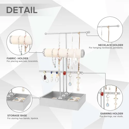 Vista 3 de Soporte para joyas, organizador para joyas, 3 niveles, joyero, organizador de joyas para brazaletes, collares, anillos, aretes y relojes (plata)