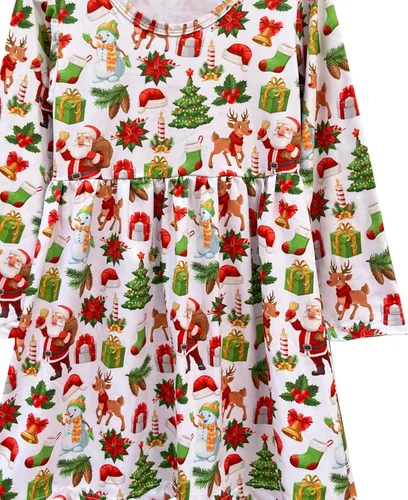 Vista 6 de Vestido de Navidad para niña pequeña, muñeco de nieve, árboles de Navidad, camión, a cuadros, reno, Papá Noel, vestido de invierno hasta la rodilla