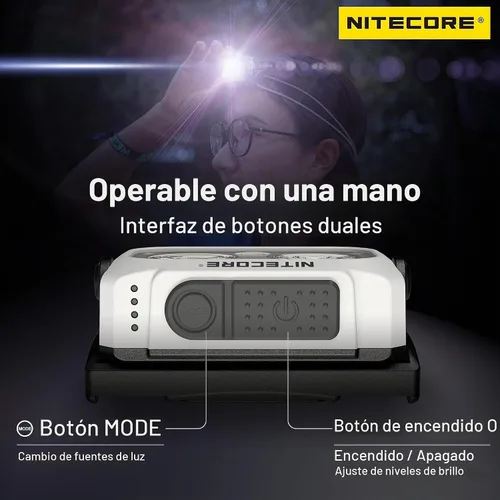 Vista 5 de Nitecore NU21 linterna frontal ultra ligera de 360 lúmenes para exteriores con haz dual USB-C recargable con etiqueta (blanco)