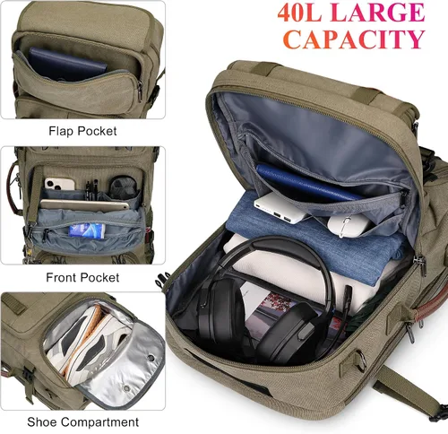 Vista 3 de WITZMAN Mochila de Viaje para Hombres 40L Grande Equipaje de Mano Aprobado por Aerolíneas Convertible 3 en 1 Bolsas para Laptop Caben 17 pulgadas