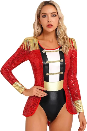 Vista 2 de dPois Womens Halloween Circus Costume Ringmaster Cosplay Jumpsuit Sequined Lion Tamer Bodysuit