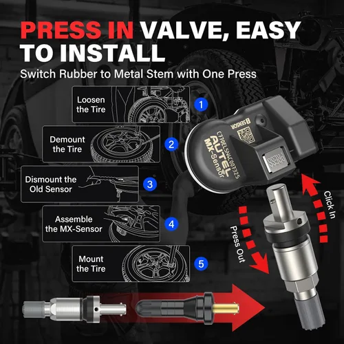 Vista 4 de Autel Juego de 4 sensores TPMS, sensor 1MX de 2 pulgadas 315 MHz + 433 MHz de frecuencia dual, sensor OEM de reemplazo 100% programable, funciona