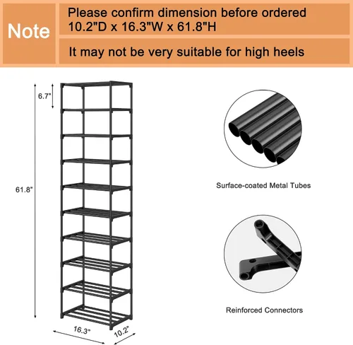 Vista 3 de Autonomier Zapatero alto de 10 niveles, estante de zapatos estrecho y ligero, soporte vertical compacto para zapatos, pequeño ahorro de espacio