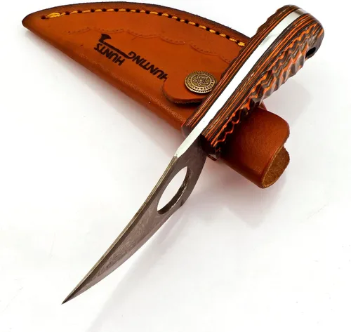 Vista 5 de Predator Hunter - Cuchillo de damasco hecho a mano con funda de cuero, para desollar, acampar, al aire libre, cuchillos de bushcraft EDC de hoja