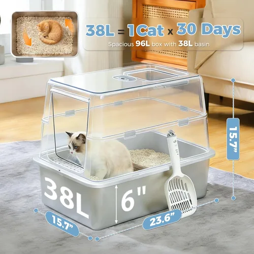 Vista 2 de PAWZ Road Caja de arena para gatos de acero inoxidable, caja de arena cerrada XL extra grande con bandeja de metal antiadherente, lados de 16