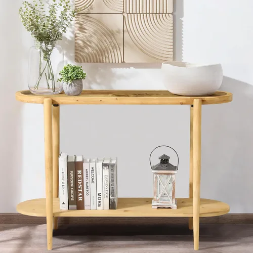 Vista 6 de RUSTOWN Mesa consola de ratán, mesa de entrada bohemia de 2 niveles con parte superior de vidrio templado y patas de madera, mesa de sofá moderna