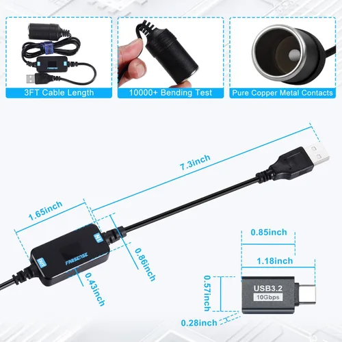 Vista 5 de FARSENSE Adaptador USB A a enchufe de cigarrillos de 12V - Cable convertidor de enchufe de encendedor de cigarrillos de coche de 5V DC USB C a 12V