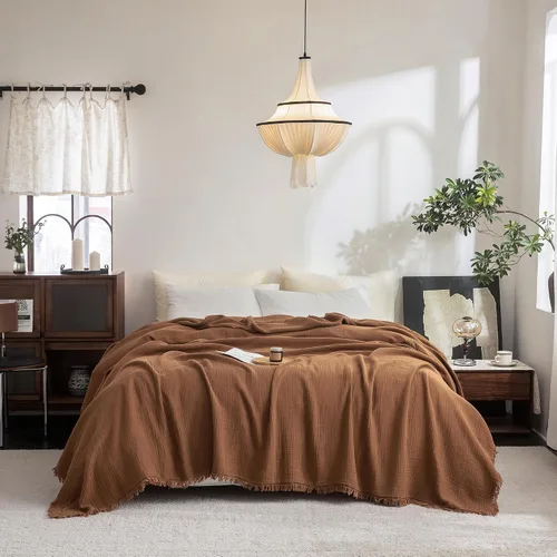 Vista 14 de FOSSA Manta de Muselina con Flecos - Gasa de Algodón 100% de 4 Capas Súper Suave y Transpirable - Manta Decorativa Ligera y Refrescante para Cama