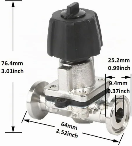 Vista 6 de QiiMii SS316 Tri clampmini válvula de diafragma 1/2" con membrana de EPDM+PTFE, válvula de membrana de abrazadera 1/2" con brida de abrazadera 25,2