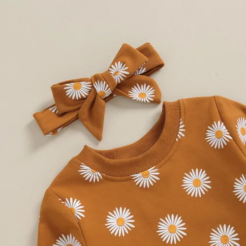 Vista 2 de CIYCUIT Conjunto de 3 piezas de sudadera de margaritas + pantalones + diadema, ropa infantil de otoño e invierno