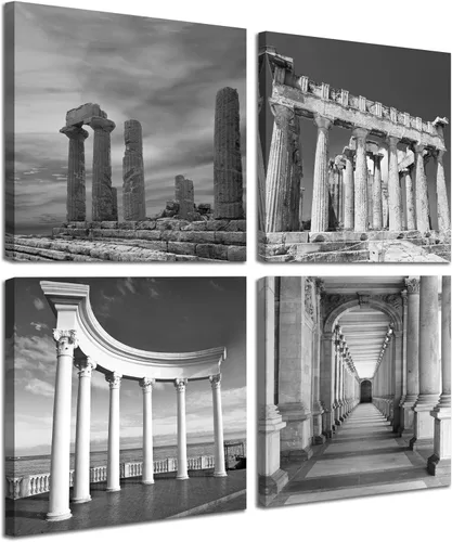 Vista 11 de NAN Wind Moderno lienzo de 4 paneles de arquitecturas en blanco y negro de giclée, pinturas de paisajes en lienzo de edificios de Roma, pinturas