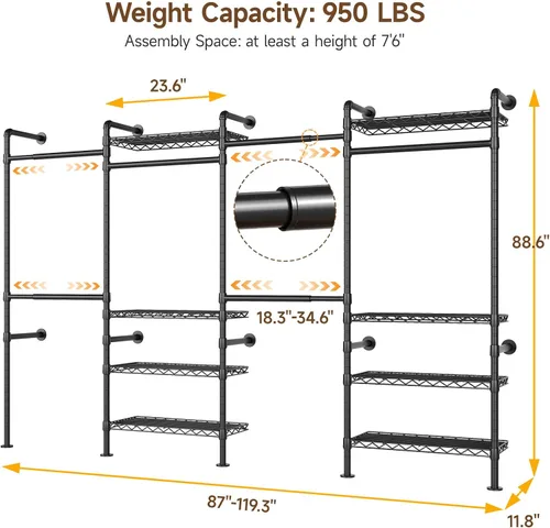 Vista 3 de ONBRILL H4 Sistema de Clóset Montado en Pared, Perchero de Tubería Industrial Expandible para Colgar Ropa, Organizadores de Clóset y Almacenamiento