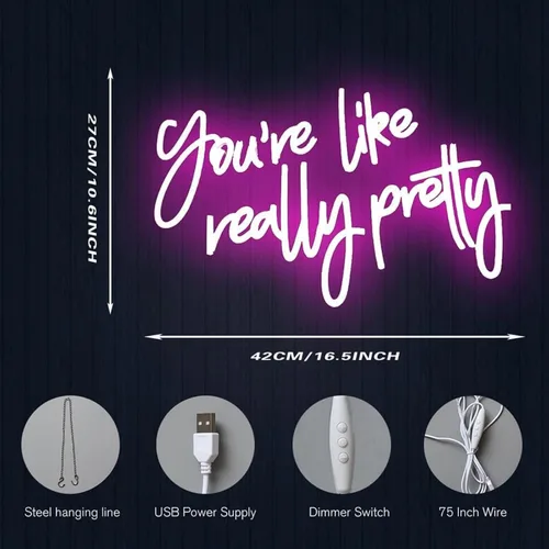 Vista 7 de Letrero de luz LED de neón rosa con texto en inglés "You're Like Really Pretty para decoración de pared de niñas, letrero de dormitorio, cumpleaños