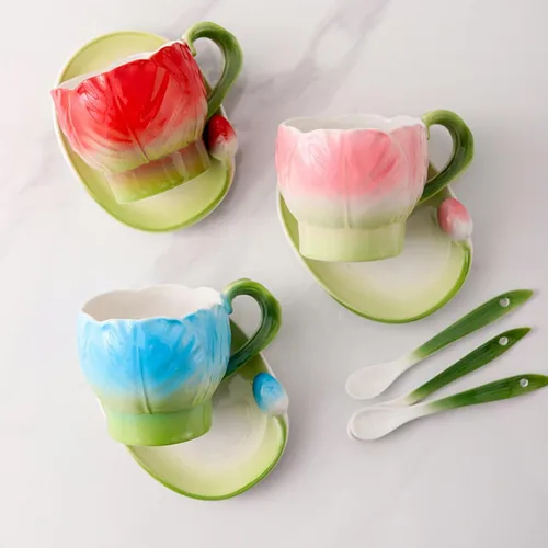 Vista 4 de 6.1 fl oz esmalte color de alta temperatura underglaze color cerámica tulipán taza de café y plato conjunto para oficina casa restaurante café-Blue
