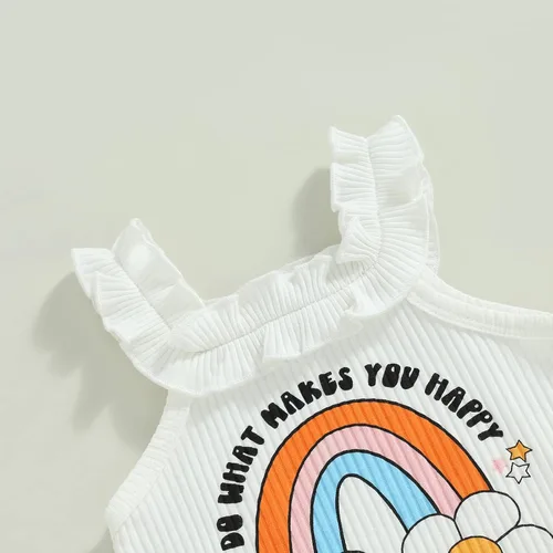 Vista 4 de BULINGNA Conjunto de dos piezas de verano para bebé niña sin mangas con estampado de arco iris + pantalones cortos florales de PPpantalones