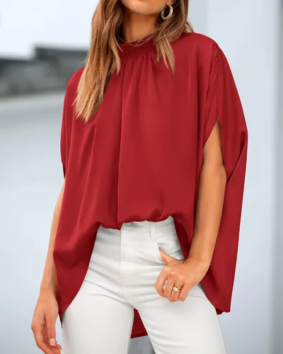 Vista 22 de BTFBM Blusas de verano para mujer, cuello alto falso, manga murciélago, holgadas, dobladillo alto y bajo, blusas informales de gran