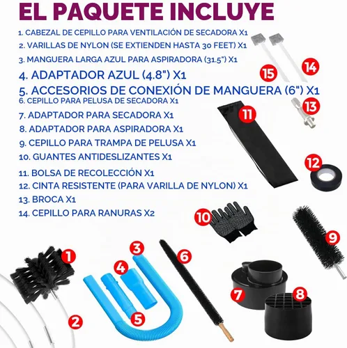 Vista 6 de Holikme - Kit de limpiador de ventilación para secadora de 30 pies, 15 piezas, cepillo removedor de pelusas, herramientas de vacío