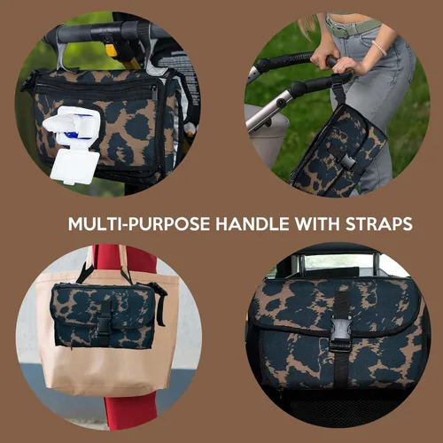 Vista 5 de Cambiador portátil para bebé, cambiador de viaje plegable con tapete impermeable de PEVA, perfecto para recién nacidos y bebés (leopardo)