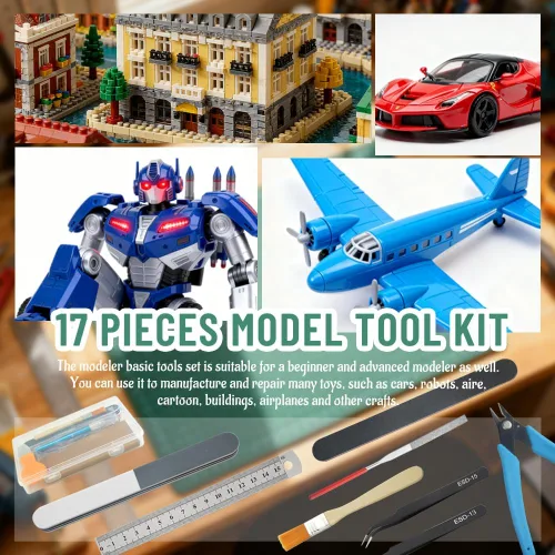 Vista 7 de Bigstone Kit de 17 herramientas de modelo, herramientas de construcción de hobby, juego de manualidades, herramientas básicas de bricolaje