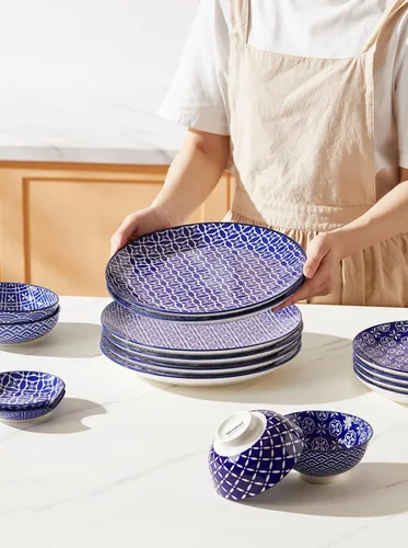 Vista 6 de Metahom Platos de cerámica de 10 pulgadas, juego de platos de porcelana azul y blanca, platos para servir pasta, panqueques, carne, ensalada, juego