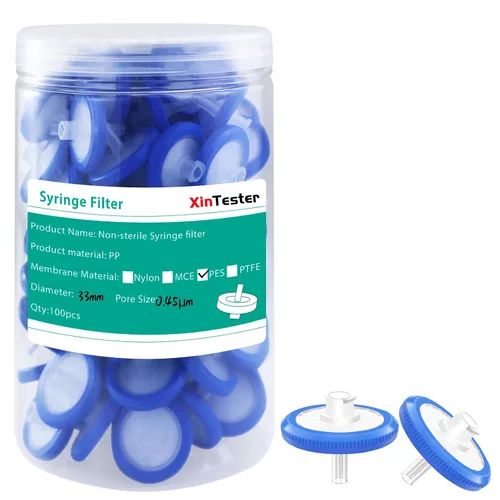 Vista 7 de Xin Tester 100 filtros de jeringa no estéril PES membrana 0.512 in diámetro 0.22um tamaño poro jeringa hidrofílica laboratorio filtros