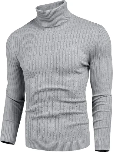 Vista 2 de nine bull Suéter de cuello alto ajustado para hombre, suéter térmico de punto trenzado, Negro