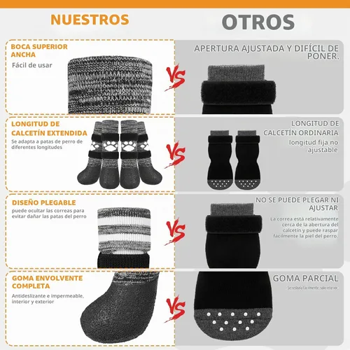 Vista 5 de KOOLTAIL Calcetines antideslizantes para perros para evitar que lamen las patas para pavimento caliente/congelado, botas de nieve largas Negro