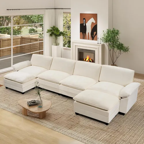Vista 22 de Sofá modular modular de 118 pulgadas, cómodo sofá seccional de chenilla de 3 asientos para sala de estar, dormitorio y apartamento, color beige Pana