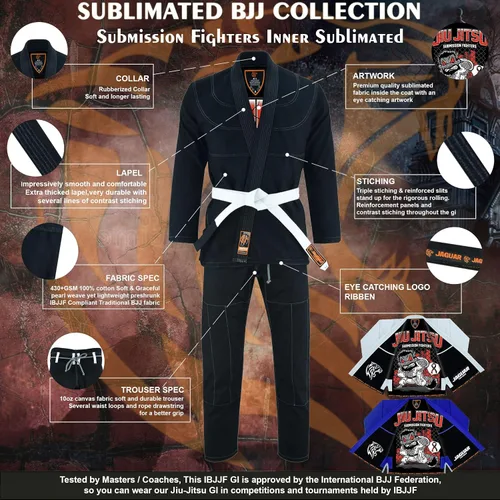 Vista 3 de Submission Fighters Interior Sublimado Pro Brazilian Jiu Jitsu BJJ Kimono Gi Uniforme Unisex Cinturón incluido