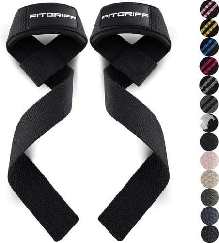 Vista 17 de Fitgriff® Correas de muñeca para levantamiento de pesas, gimnasio, peso muerto, entrenamiento (hechas de algodón premium y acolchadas) - Hombres
