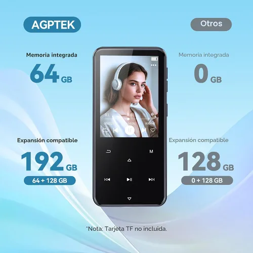Vista 8 de AGPTEK Reproductor MP3 de 64 GB con Bluetooth, M3 Reproductor de música de 2.4 pulgadas con altavoz y radio FM, botones táctiles, soporta hasta 128