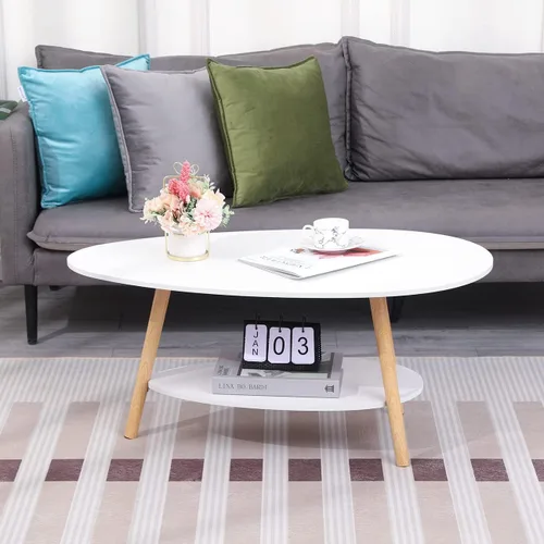 Vista 3 de Mesa de centro ovalada de madera de estilo moderno, doble capa con almacenamiento abierto para almacenamiento y exhibición, 2 niveles