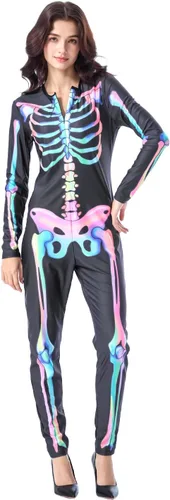 Vista 6 de Seasons Disfraz de esqueleto de Halloween para mujer, patrón colorido de doble cara, luz negra reactiva