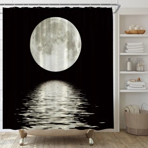 Vista 4 de Cortina de ducha de luna llena, paisaje nocturno del océano, agua de mar, superluna, astronomía, tela negra, juego de decoración de baño, incluye