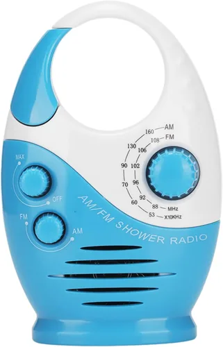 Vista 6 de Radio de ducha Am Fm, radio impermeable para radio portátil AM FM, tipo gancho portátil, transmisión, música, altavoz de ducha, radio, azul
