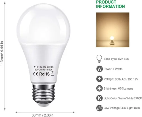 Vista 3 de BAYSHE Bombilla LED de 12 V, equivalente a 60 vatios, E26, 7 W, 630 lúmenes, 12 voltios, luces de bajo voltaje, CA/CC, 11-18 V, A19-12 voltios 2700K