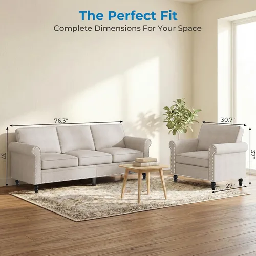 Vista 2 de Mjkone Juego de 2 Piezas para Sala de Estar, Sofás Seccionales, Juego de Sofá y Silla, Sofá Moderno de Lino con Marco de Madera y Patas